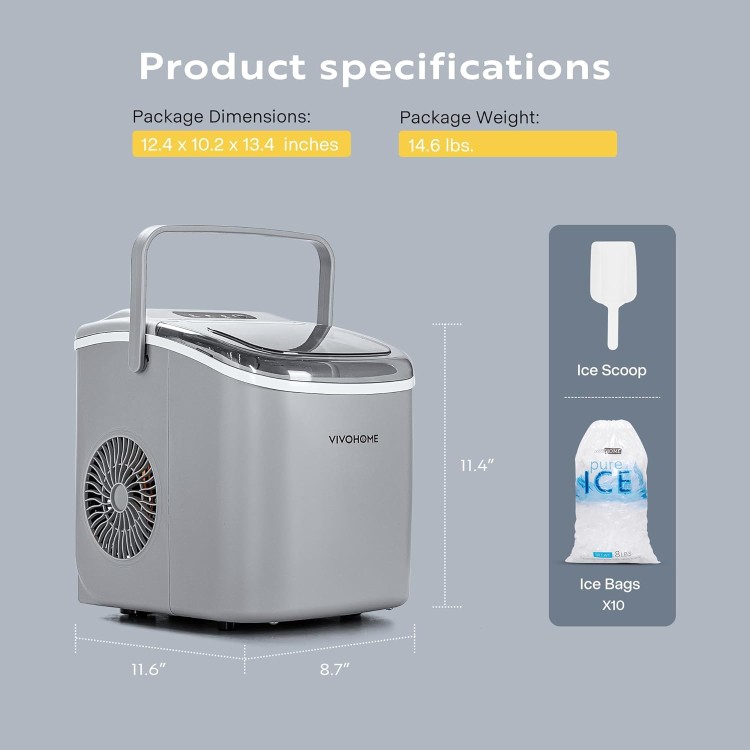 VIVOHOME Electric Portable Compact Countertop Automatic Ice Cube Maker Machine with Handle Hand Scoop 10 Ice Bags and Self Cleaning Function 26lbs/Day Silver