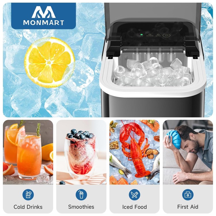 Ice Maker Countertop, LED Display Portable Ice Maker Machine with Handle, 26.5lbs/24Hrs, 8 Cubes in 6-9 Mins, Self-Cleaning Ice Makers with Ice Scoop and Basket for Home, Kitchen, Office, Bar