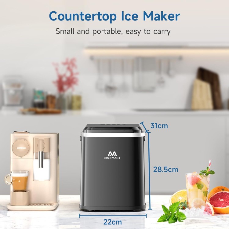 Ice Maker Countertop, LED Display Portable Ice Maker Machine with Handle, 26.5lbs/24Hrs, 8 Cubes in 6-9 Mins, Self-Cleaning Ice Makers with Ice Scoop and Basket for Home, Kitchen, Office, Bar