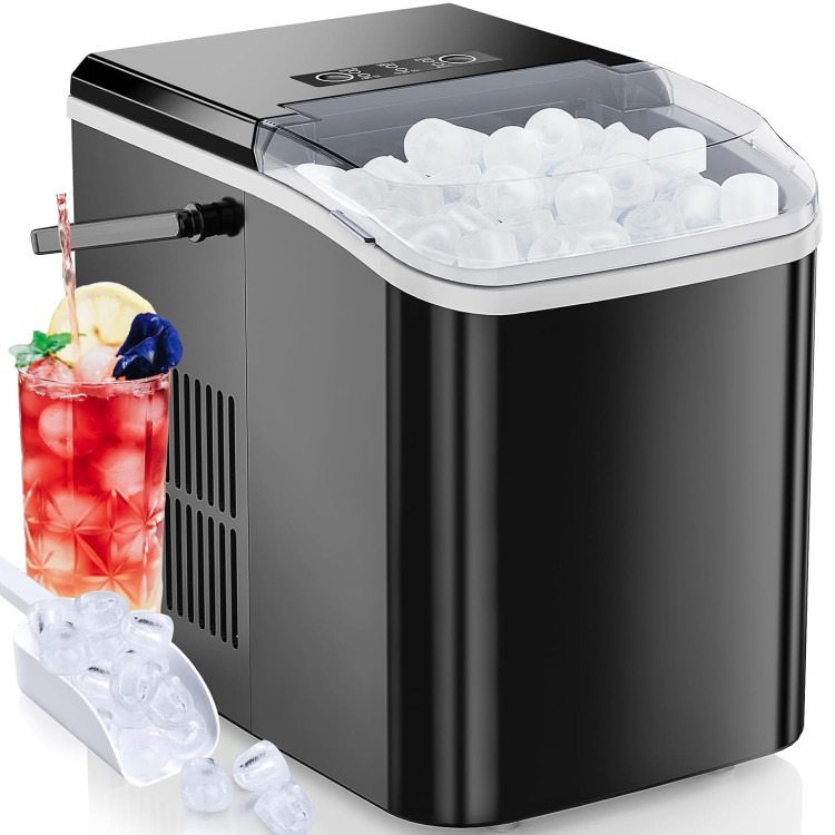 DUMOS Countertop Ice Maker, Portable Ice Machine Self-Cleaning, 9 Cubes in 6 Mins, 26.5Lbs/24H, 2 Sizes of Bullet Ice, Ice Scoop, Basket & Handle, Ice Cube Maker for Home Kitchen Party,1.5 L, Black