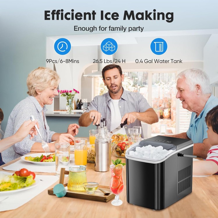 DUMOS Countertop Ice Maker, Portable Ice Machine Self-Cleaning, 9 Cubes in 6 Mins, 26.5Lbs/24H, 2 Sizes of Bullet Ice, Ice Scoop, Basket & Handle, Ice Cube Maker for Home Kitchen Party,1.5 L, Black