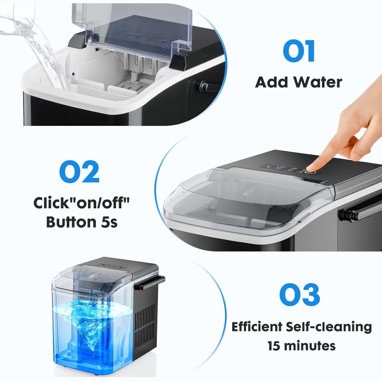 DUMOS Countertop Ice Maker, Portable Ice Machine Self-Cleaning, 9 Cubes in 6 Mins, 26.5Lbs/24H, 2 Sizes of Bullet Ice, Ice Scoop, Basket & Handle, Ice Cube Maker for Home Kitchen Party,1.5 L, Black