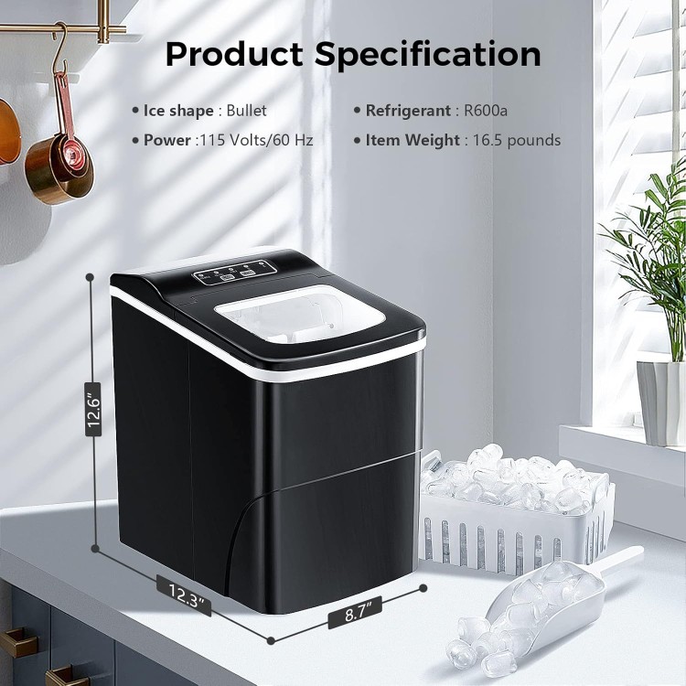 AGLUCKY Ice Makers Countertop with Self-Cleaning, 26.5lbs/24hrs, 9 Cubes Ready in 6 Mins, Portable Ice Machine with 2 Sizes Bullet Ice/Ice Scoop/Basket for Home/Kitchen/Office/Bar/Party, Black