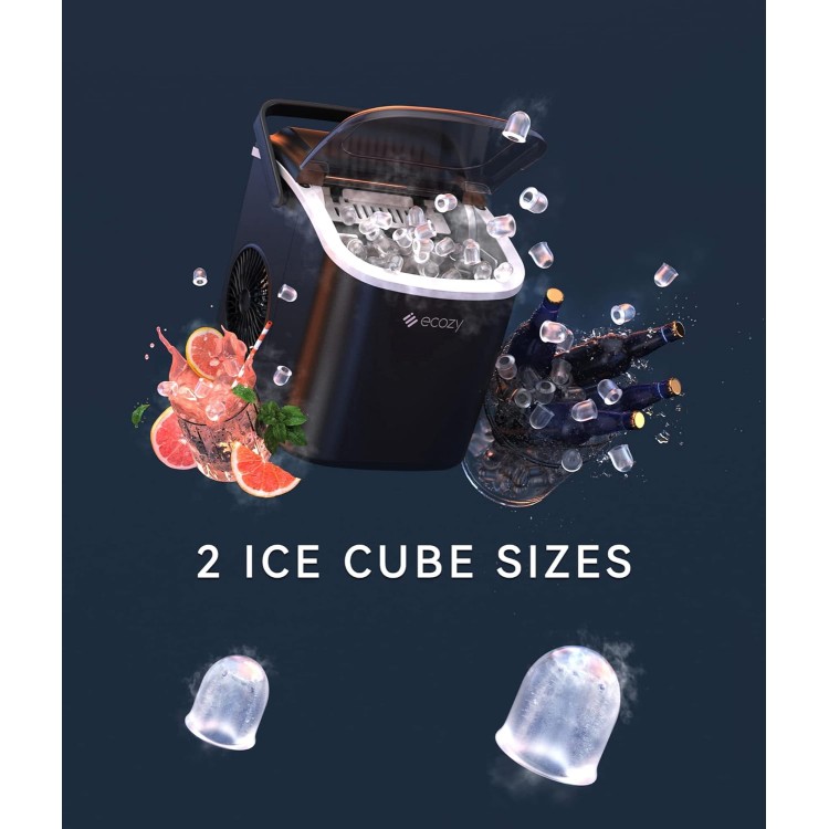 ecozy Portable Countertop Ice Maker - 9 Ice Cubes in 6 Minutes, 26 lbs Daily Output, Self-Cleaning with Ice Bags, Scoop, and Basket for Kitchen, Office, Bar, Party - Black