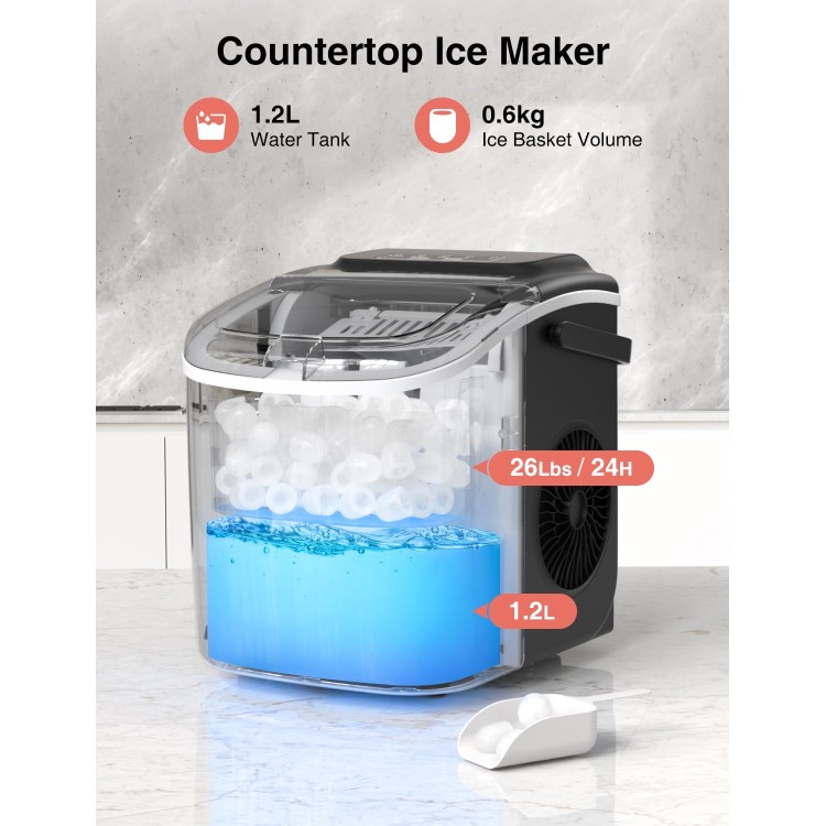 CROWNFUL Ice Maker Countertop, Portable Self-Cleaning Ice Maker Machine with Handle, Scoop and Basket, 26lbs/24H, 9 Cubes in 6 Mins, Ideal for Home, Kitchen, Office, Bar, Party