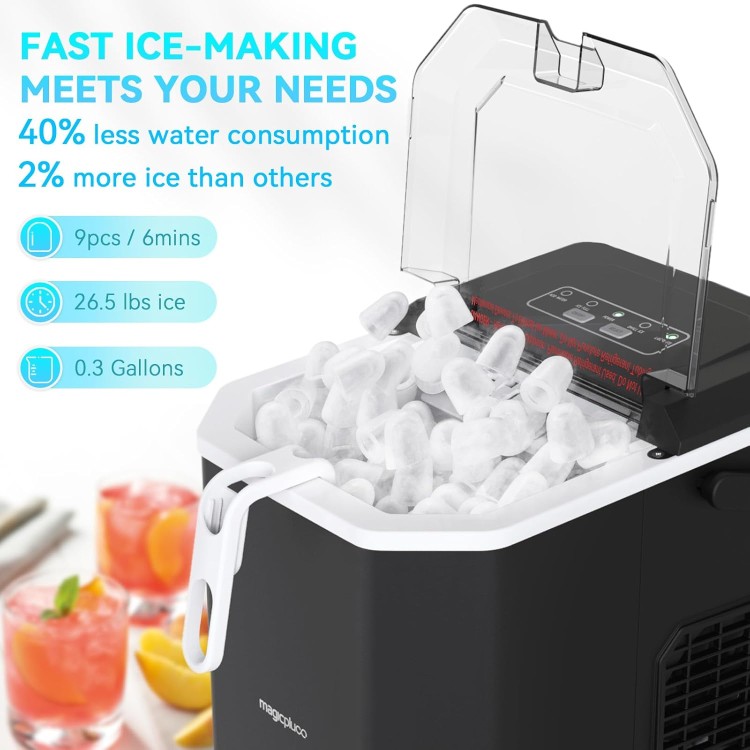 Ice Makers Countertop, Ice Machine with Carry Handle, 9 Cubes in 6 Mins, 26.5 lbs per Day, Self-Cleaning Portable Ice Maker for Home/Kitchen/Office/Party/RV