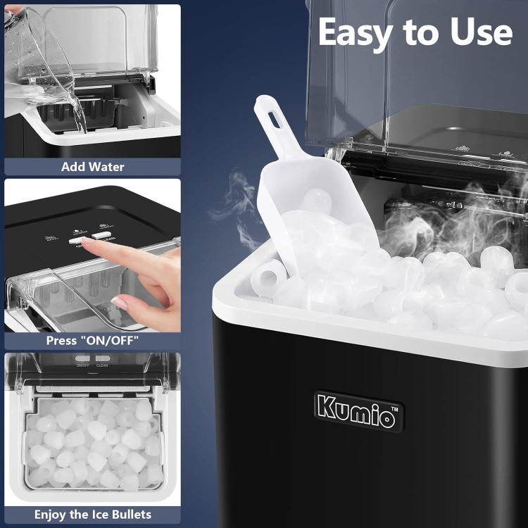 KUMIO Ice Machine Maker Countertop, 9 Bullet Ice Fast Making in 6-8 Mins, 26.5 lbs in 24 hrs, Self-Cleaning Portable Ice Maker Machine with Scoop and Basket, Black