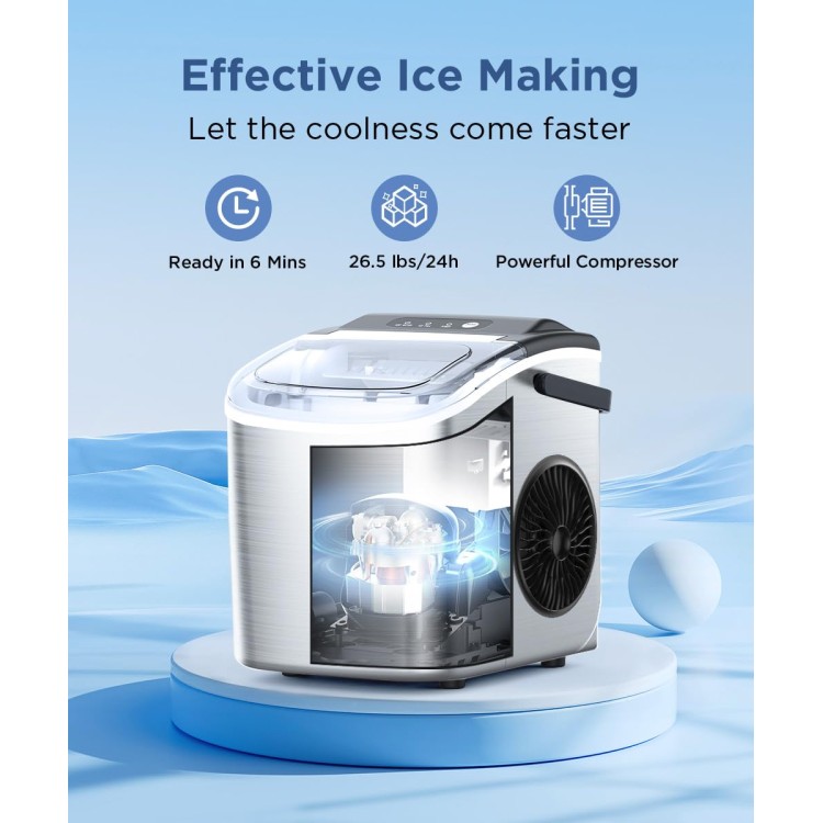 COWSAR Ice Maker Countertop, Stainless Steel Portable Ice Maker Machine with Self-Cleaning, 26.5lbs/24Hrs, 6 Mins/9 Pcs Bullet Ice, Perfectly for Home Use, Gift