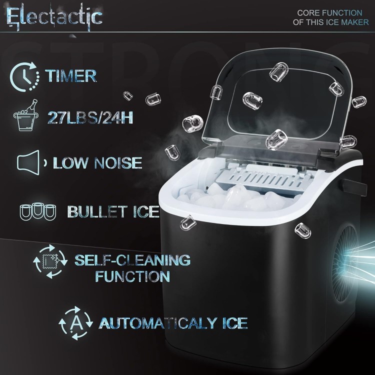 Ice Maker Countertop, Efficient Easy Carry Ice Machine, Self-Cleaning Ice Maker with Ice Scoop & Basket, 9pcs/ 8mins 26.6Lbs Per Day for Home/Office/Kitchen,Black