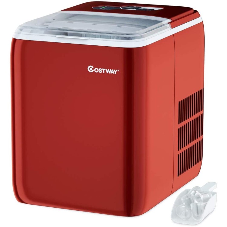 COSTWAY Ice Maker Countertop with Self-cleaning Function, Make 44 Lbs Ice in 24 Hours, Ice Cubes Ready in 8.5 Mins, Ideal for Bar Home and Office, Portable Ice Machine with Ice Scoop and Basket, Red