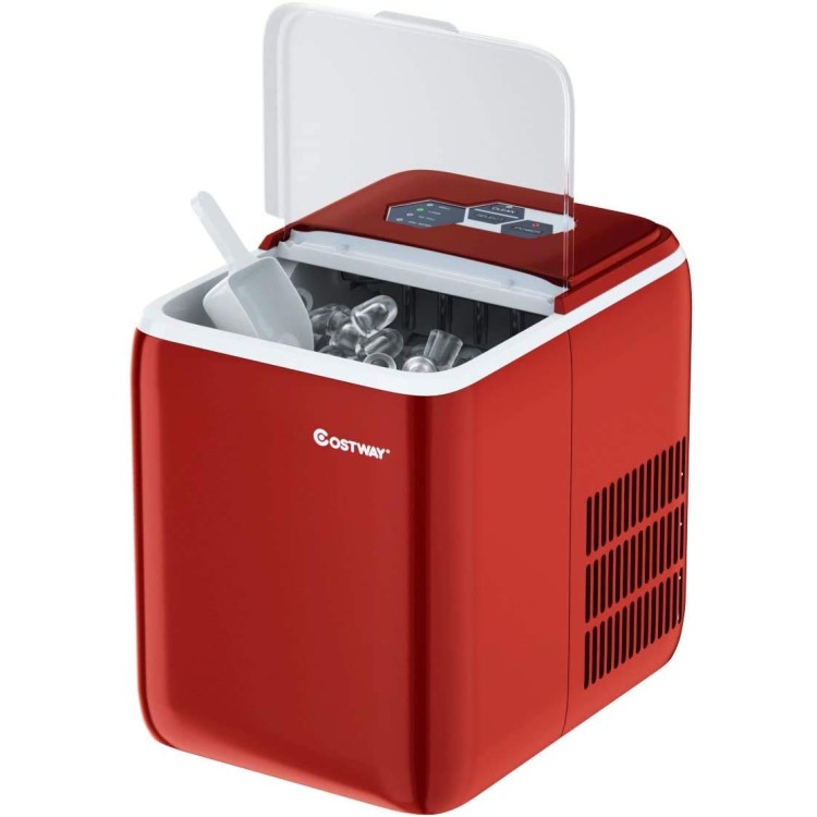 COSTWAY Ice Maker Countertop with Self-cleaning Function, Make 44 Lbs Ice in 24 Hours, Ice Cubes Ready in 8.5 Mins, Ideal for Bar Home and Office, Portable Ice Machine with Ice Scoop and Basket, Red