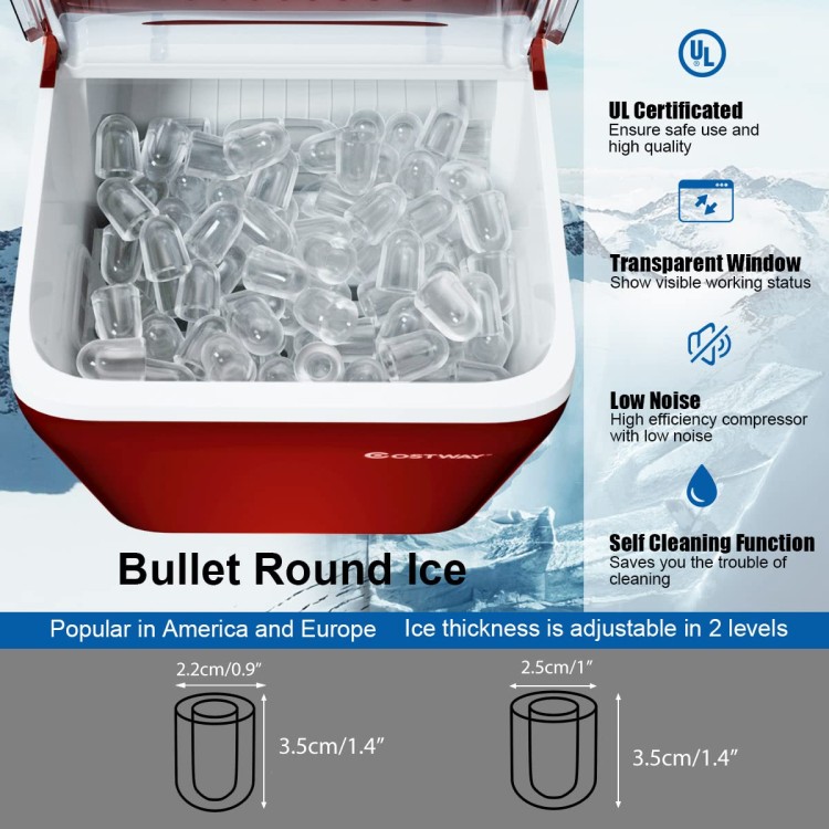 COSTWAY Ice Maker Countertop with Self-cleaning Function, Make 44 Lbs Ice in 24 Hours, Ice Cubes Ready in 8.5 Mins, Ideal for Bar Home and Office, Portable Ice Machine with Ice Scoop and Basket, Red