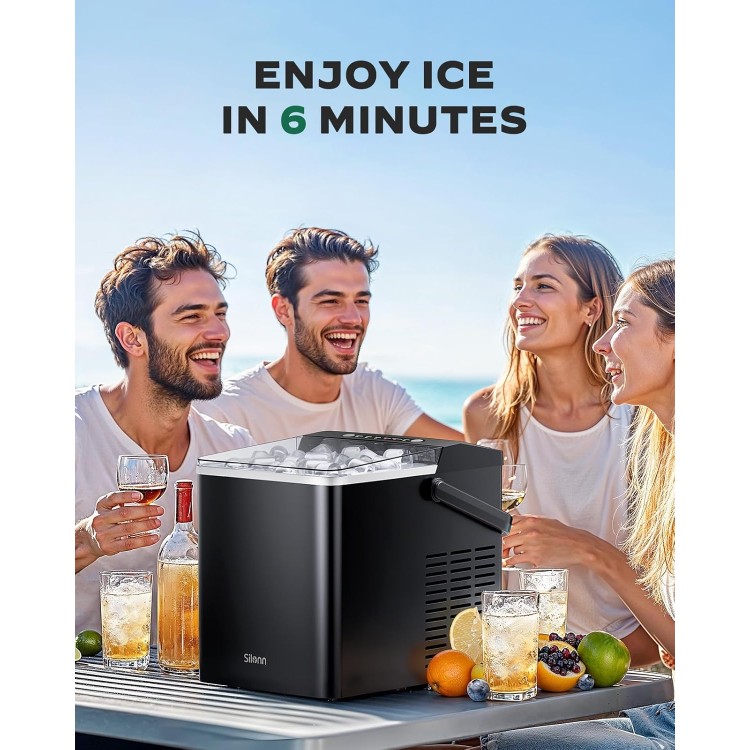 Silonn Ice Maker Countertop, Portable Ice Machine with Carry Handle, Self Cleaning Ice Makers with 1.8 L Water Tank and Big Ice Basket, 9 Cubes in 6 Mins, Ideal for Home Kitchen RV