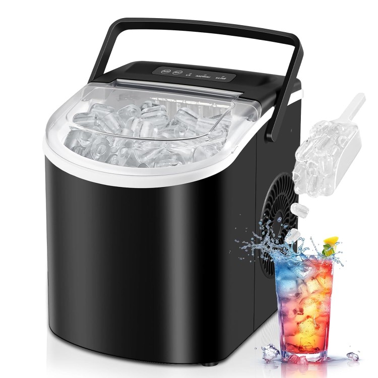 Countertop Ice Maker, Portable Ice Machine with Handle, Self-Cleaning, 26lbs in 24Hrs, 2 Sizes Bullet Shaped Ice, 9 Ice Cubes in 6 Mins with Scoop and Basket for Home/Kitchen/Office/Bar