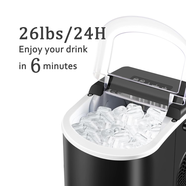 Countertop Ice Maker, Portable Ice Machine with Handle, Self-Cleaning, 26lbs in 24Hrs, 2 Sizes Bullet Shaped Ice, 9 Ice Cubes in 6 Mins with Scoop and Basket for Home/Kitchen/Office/Bar