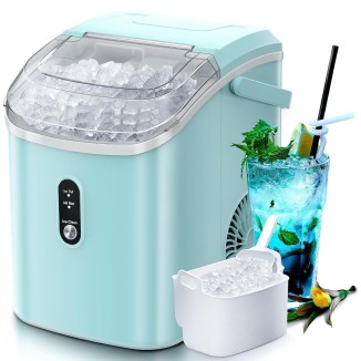 Nugget Countertop Ice Maker with Soft Chewable Pellet Ice, Automatic 34lbs in 24 Hours,Pebble Portable Ice Machine with Ice Scoop, Self-Cleaning, One-Click Operation, for Kitchen,Office Green