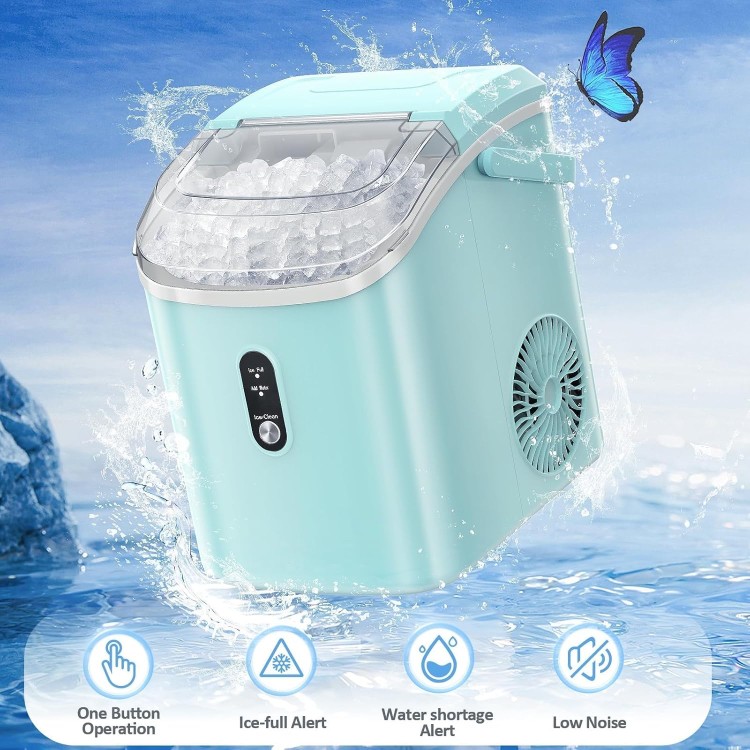 Nugget Countertop Ice Maker with Soft Chewable Pellet Ice, Automatic 34lbs in 24 Hours,Pebble Portable Ice Machine with Ice Scoop, Self-Cleaning, One-Click Operation, for Kitchen,Office Green