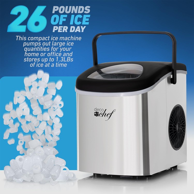 Deco Compact Countertop Ice Maker, 26LBs in 24HRs, 9 Bullet Ice Cubes Ready in 6 Minutes, Lightweight and Portable with Handle, Ice Basket, and Ice Scoop, Stainless Steel