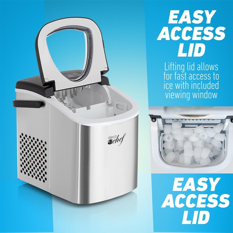 Deco Compact Countertop Ice Maker, 26LBs in 24HRs, 9 Bullet Ice Cubes Ready in 6 Minutes, Lightweight and Portable with Handle, Ice Basket, and Ice Scoop, Stainless Steel