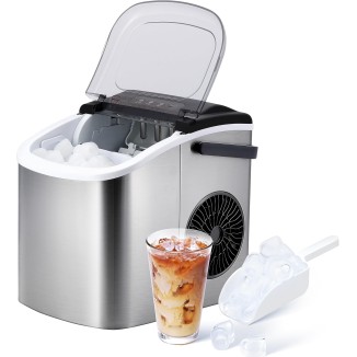 YSSOA Portable Ice Maker for Countertop, 6 Mins 9 Ice Cubes, 26lbs Ice/24H, Self-Cleaning, with Ice Spoon and Basket, for Home/Kitchen/Office/Camping/Party, Silver