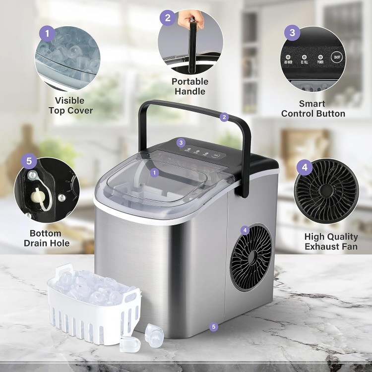 YSSOA Portable Ice Maker for Countertop, 6 Mins 9 Ice Cubes, 26lbs Ice/24H, Self-Cleaning, with Ice Spoon and Basket, for Home/Kitchen/Office/Camping/Party, Silver