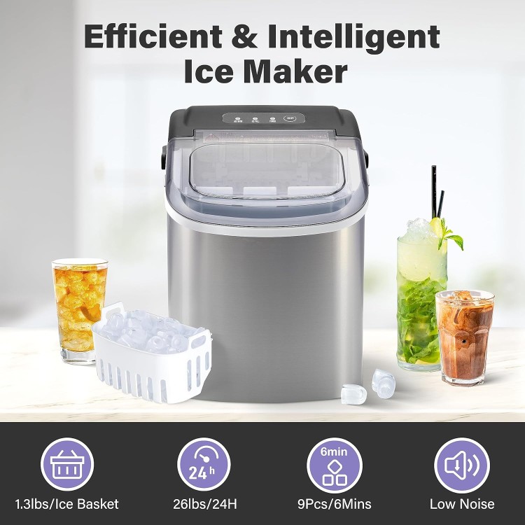 YSSOA Portable Ice Maker for Countertop, 6 Mins 9 Ice Cubes, 26lbs Ice/24H, Self-Cleaning, with Ice Spoon and Basket, for Home/Kitchen/Office/Camping/Party, Silver