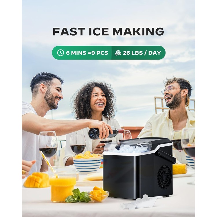 Silonn Countertop Ice Maker, 9 Cubes Ready in 6 Mins, 26lbs in 24Hrs, Portable Ice Machine with Self-Cleaning, 2 Sizes of Bullet Ice for Home/Kitchen/Party/RV, Black