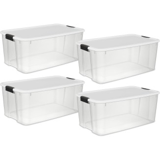 Sterilite 116 Qt Ultra Latch Box, Stackable Storage Bin with Lid, Plastic Container with Heavy Duty Latches to Organize, Clear and White Lid, 4-Pack