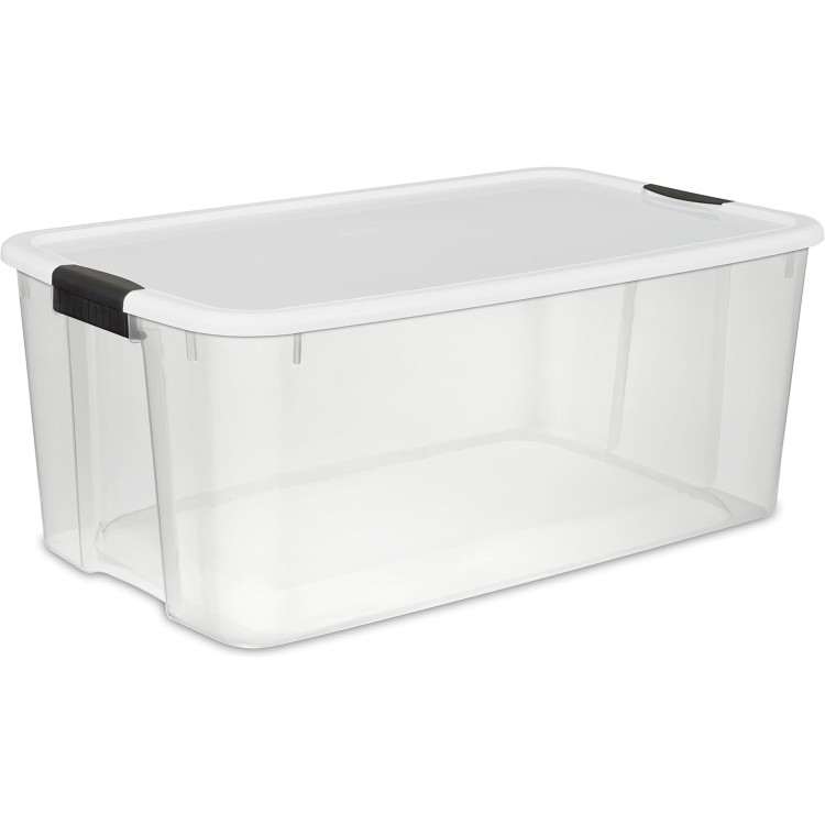 Sterilite 116 Qt Ultra Latch Box, Stackable Storage Bin with Lid, Plastic Container with Heavy Duty Latches to Organize, Clear and White Lid, 4-Pack