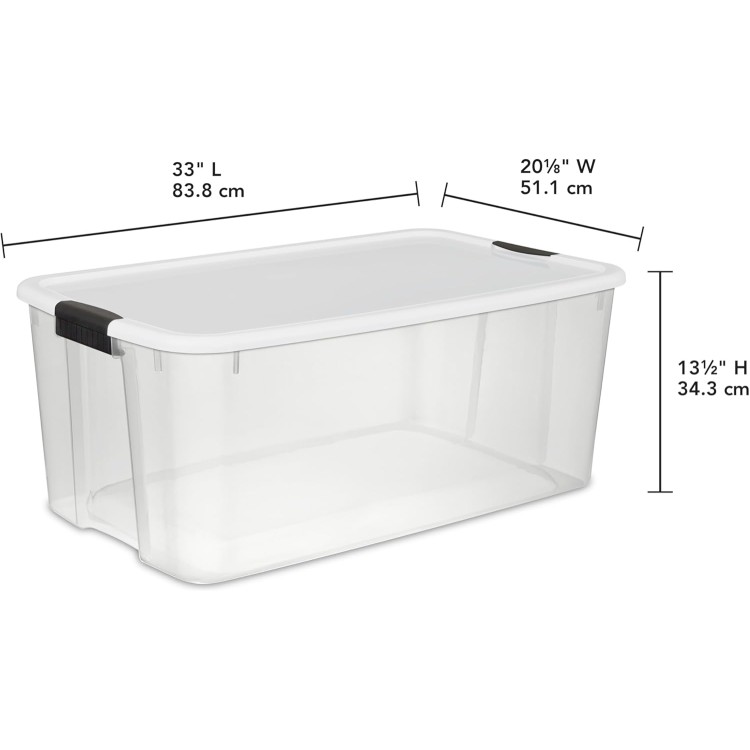 Sterilite 116 Qt Ultra Latch Box, Stackable Storage Bin with Lid, Plastic Container with Heavy Duty Latches to Organize, Clear and White Lid, 4-Pack