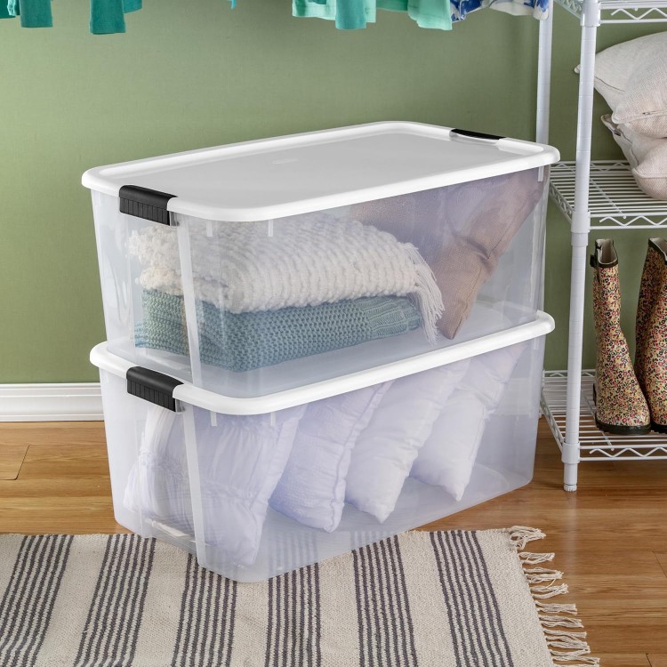 Sterilite 116 Qt Ultra Latch Box, Stackable Storage Bin with Lid, Plastic Container with Heavy Duty Latches to Organize, Clear and White Lid, 4-Pack