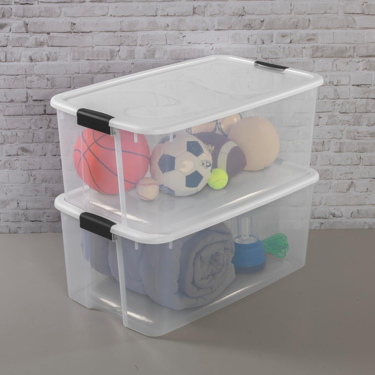 Sterilite 116 Qt Ultra Latch Box, Stackable Storage Bin with Lid, Plastic Container with Heavy Duty Latches to Organize, Clear and White Lid, 4-Pack