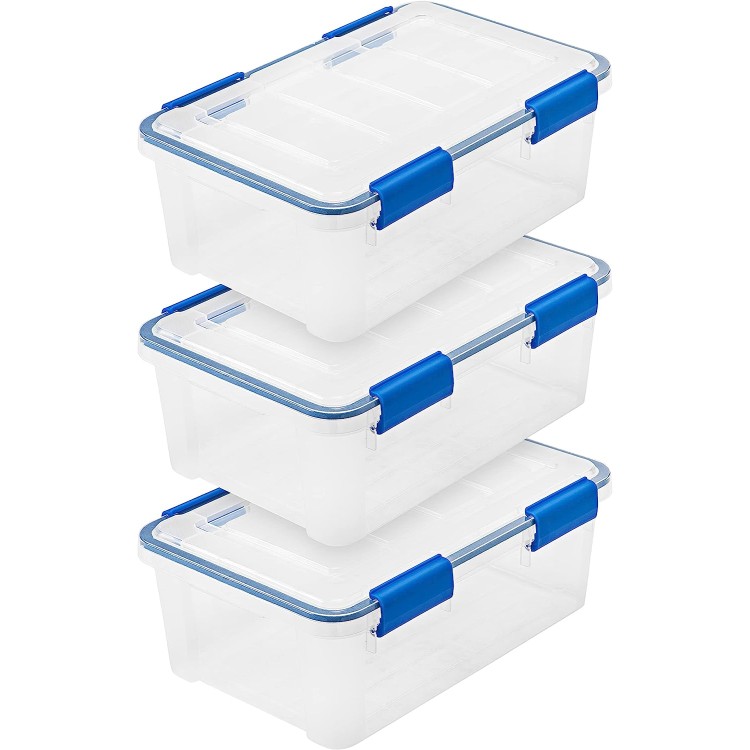 IRIS USA WeatherPro 16 Qt Storage Bins with Lids, 3 Pack, BPA-Free Plastic Gasket Box with Tight Latch and Seal, Stackable Nestable Tote Tub - Clear/Blue