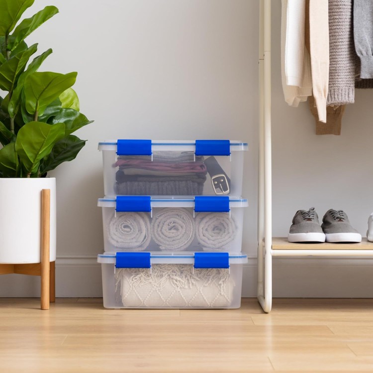 IRIS USA WeatherPro 16 Qt Storage Bins with Lids, 3 Pack, BPA-Free Plastic Gasket Box with Tight Latch and Seal, Stackable Nestable Tote Tub - Clear/Blue