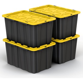 (4 PACK 17 Gallon Plastic Storage Bin Tote Organizing Container with Ultra Durable Secure Latching Lids, Stackable, Extra Strength Clear with Built in Handle - Black and Yellow