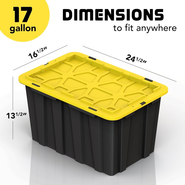 (4 PACK 17 Gallon Plastic Storage Bin Tote Organizing Container with Ultra Durable Secure Latching Lids, Stackable, Extra Strength Clear with Built in Handle - Black and Yellow