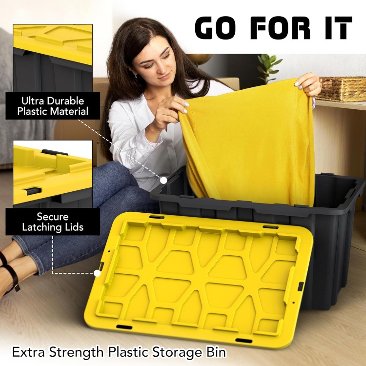 (4 PACK 17 Gallon Plastic Storage Bin Tote Organizing Container with Ultra Durable Secure Latching Lids, Stackable, Extra Strength Clear with Built in Handle - Black and Yellow