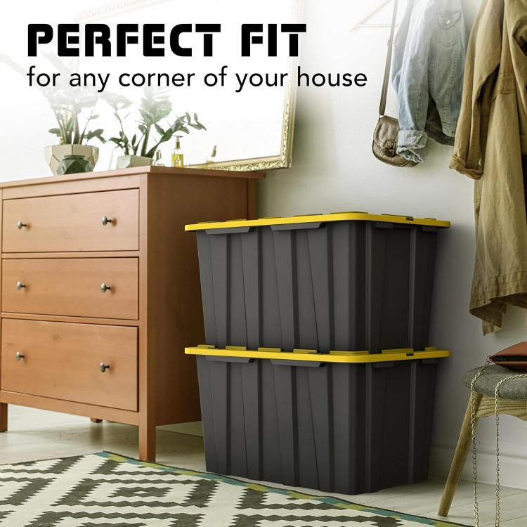 (4 PACK 17 Gallon Plastic Storage Bin Tote Organizing Container with Ultra Durable Secure Latching Lids, Stackable, Extra Strength Clear with Built in Handle - Black and Yellow