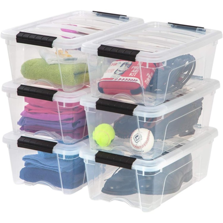 IRIS USA 13 Qt Stackable Plastic Storage Bins with Lids, 6 Pack - BPA-Free, Made in USA - See-Through Organizing Solution, Latches, Durable Nestable Containers, Secure Pull Handle - Clear