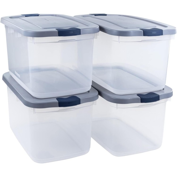 Rubbermaid Roughneck Clear 66 Qt/16.5 Gal Storage Containers, Pack of 4 with Latching Grey Lids, Visible Base, Sturdy and Stackable, Great for Storage and Organization