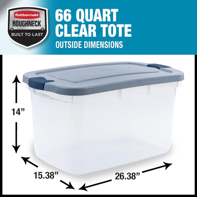 Rubbermaid Roughneck Clear 66 Qt/16.5 Gal Storage Containers, Pack of 4 with Latching Grey Lids, Visible Base, Sturdy and Stackable, Great for Storage and Organization