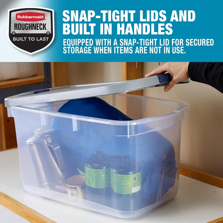 Rubbermaid Roughneck Clear 66 Qt/16.5 Gal Storage Containers, Pack of 4 with Latching Grey Lids, Visible Base, Sturdy and Stackable, Great for Storage and Organization