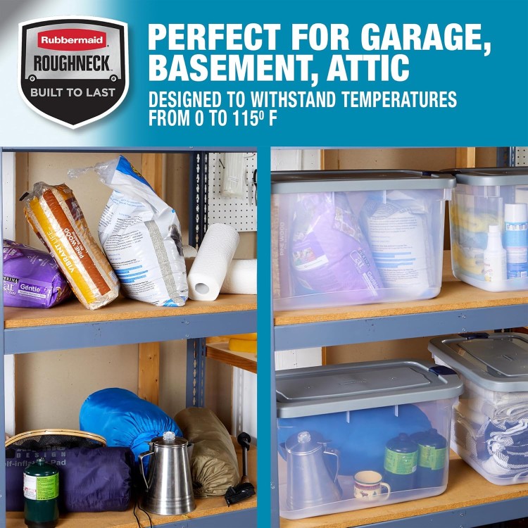 Rubbermaid Roughneck Clear 66 Qt/16.5 Gal Storage Containers, Pack of 4 with Latching Grey Lids, Visible Base, Sturdy and Stackable, Great for Storage and Organization