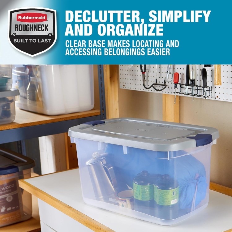 Rubbermaid Roughneck Clear 66 Qt/16.5 Gal Storage Containers, Pack of 4 with Latching Grey Lids, Visible Base, Sturdy and Stackable, Great for Storage and Organization