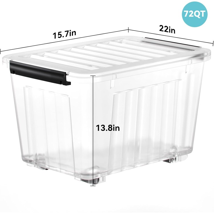 Nazhura 72 Quart Plastic Storage Bin, Stackable and Nestable Storage Boxes with Lids and Secure Latching Buckles, Large Storage Container (Clear, 72Quart-6Pack)