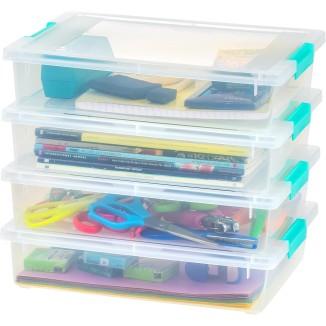 IRIS USA 6 Qt. Plastic Storage Bins Containers with Lids, 4 Pack, Sensory Bin, Craft Storage, Craft Organizers and Storage, Organizing Container for Home, Office and School Supplies, Stackable, Clear