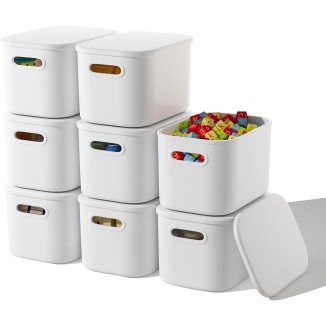 8 Pack White Storage Bins with Lids Stackable Storage Container for Organizing, Storage Boxes with Handle for Shelves, Cube Storage Bin for Craft, Snacks, 9.85x6.9x5.7 inch