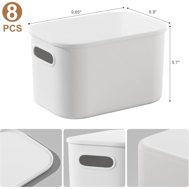 8 Pack White Storage Bins with Lids Stackable Storage Container for Organizing, Storage Boxes with Handle for Shelves, Cube Storage Bin for Craft, Snacks, 9.85x6.9x5.7 inch