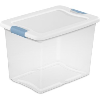 Sterilite 25 Qt Latching Storage Box, Stackable Bin with Latch Lid, Plastic Container to Organize Closet Shelf, Clear with White Lid, 6-Pack