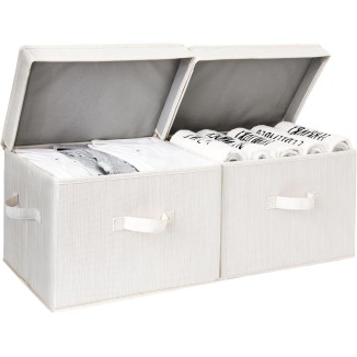 StorageWorks Decorative Storage Boxes, Storage Basket with Lid and Handles, Mixing of Beige, White & Ivory, Large, 2-Pack